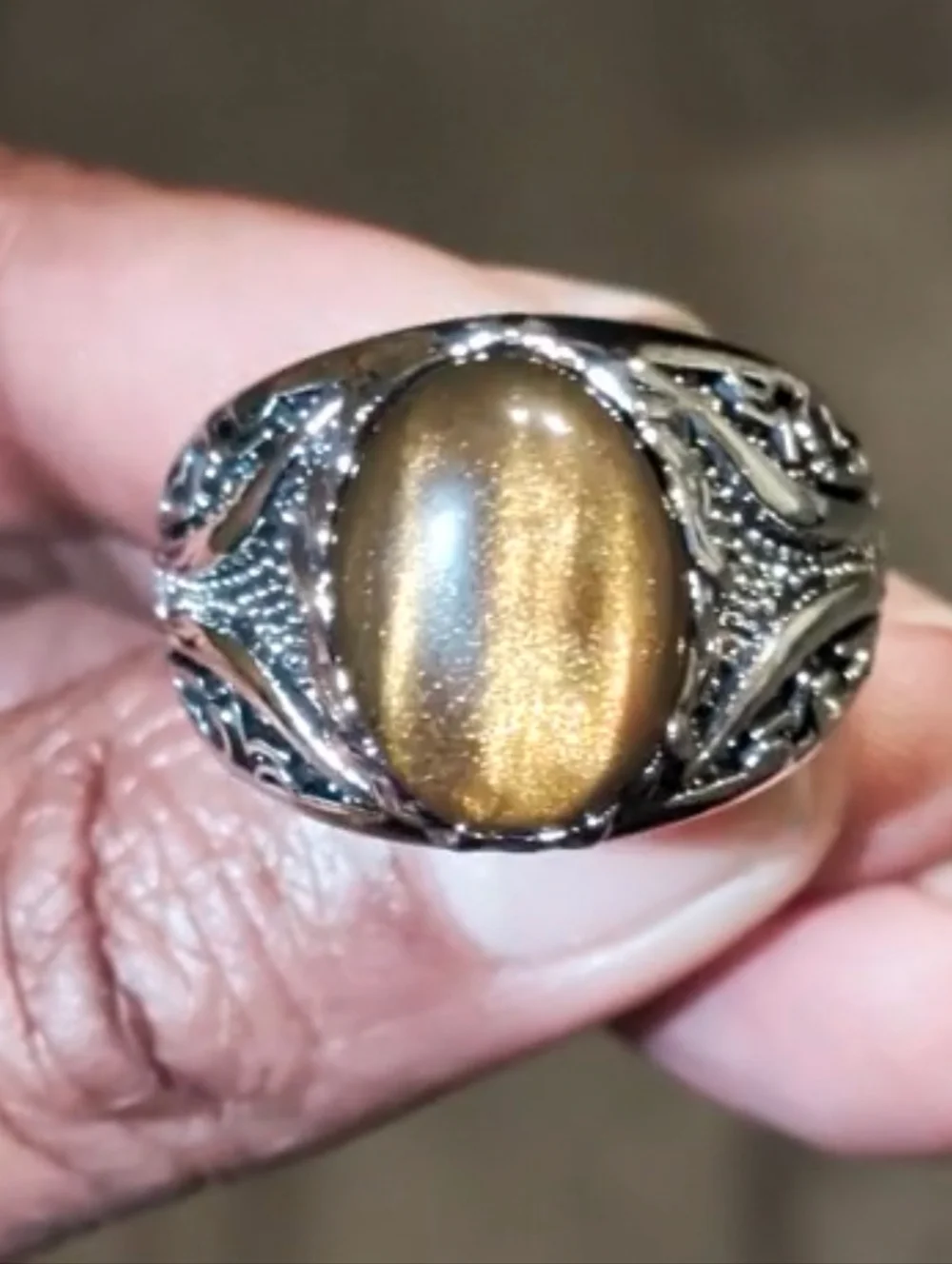 Men Oval Tiger Eye Gemstone Silver Plated Ring , Brown Veined Stone Ring Sz 10